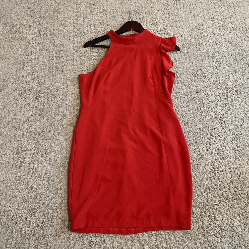 🩷 Burnt Orange Ruffle Shoulder Dress Sleeveless Size Med Professional Work Dress